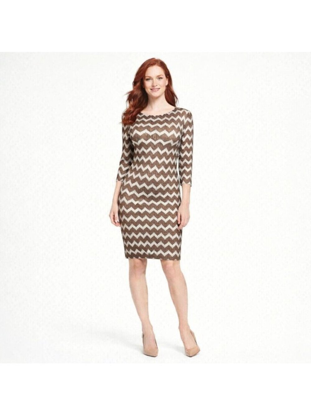 New Ronni Nicole Sheath Dress Womens L Chevron Gold White Shimmer 3/4 Sleeves Fi